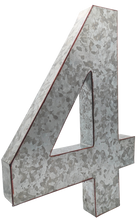 Load image into Gallery viewer, 20" Metal Number 4 (Four) Wall Decor, Silver with Red Borders, Galvanized Wall Mountable Decoration for Country, Mid-Century, or Farmhouse Themed Room or Event