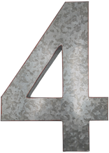Load image into Gallery viewer, 20" Metal Number 4 (Four) Wall Decor, Silver with Red Borders, Galvanized Wall Mountable Decoration for Country, Mid-Century, or Farmhouse Themed Room or Event