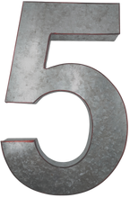 Load image into Gallery viewer, 20" Metal Number 5 (Five) Wall Decor, Silver with Red Borders, Galvanized Wall Mountable Decoration for Country, Mid-Century, or Farmhouse Themed Room or Event