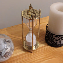 Load image into Gallery viewer, 6.7" Brass Hourglass with Collapsible Sundials, Functional and Decorative 1 Minute Timer, Gold Color