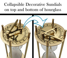 Load image into Gallery viewer, 6.7" Brass Hourglass with Collapsible Sundials, Functional and Decorative 1 Minute Timer, Gold Color