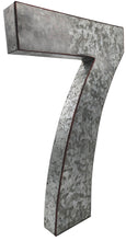 Load image into Gallery viewer, 20" Metal Number 7 (Seven) Wall Decor, Silver with Red Borders, Galvanized Wall Mountable Decoration for Country, Mid-Century, or Farmhouse Themed Room or Event