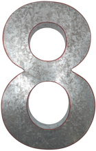 Load image into Gallery viewer, 20" Metal Number 8 (Eight) Wall Decor, Silver with Red Borders, Galvanized Wall Mountable Decoration for Country, Mid-Century, or Farmhouse Themed Room or Event