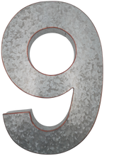Load image into Gallery viewer, 20" Metal Number 9 (Nine) Wall Decor, Silver with Red Borders, Galvanized Wall Mountable Decoration for Country, Mid-Century, or Farmhouse Themed Room or Event
