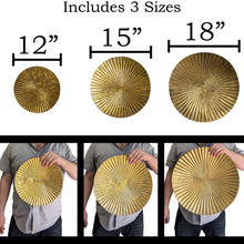 Load image into Gallery viewer, Hanging Gold Sunburst Metal Circles Wall Decoration - Set of 3 Different Sizes: 12", 15", and 18" Diameter