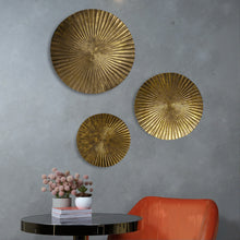 Load image into Gallery viewer, Hanging Gold Sunburst Metal Circles Wall Decoration - Set of 3 Different Sizes: 12", 15", and 18" Diameter