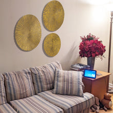 Load image into Gallery viewer, Hanging Gold Sunburst Metal Circles Wall Decoration - Set of 3 Different Sizes: 12", 15", and 18" Diameter