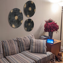 Load image into Gallery viewer, Hanging Black & Gold Ribbed Metal Circles Wall Decoration - Set of 3 Different Sizes: 12", 15", and 18" Diameter
