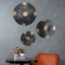 Load image into Gallery viewer, Hanging Black & Gold Ribbed Metal Circles Wall Decoration - Set of 3 Different Sizes: 12", 15", and 18" Diameter