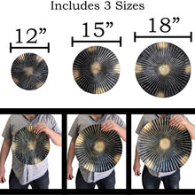 Load image into Gallery viewer, Hanging Black & Gold Ribbed Metal Circles Wall Decoration - Set of 3 Different Sizes: 12", 15", and 18" Diameter