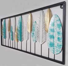 Load image into Gallery viewer, 3-Foot Turquoise, Gold, and White Leaves Hanging Stainless Steel 3D Wall Decoration with Rectangular Black Border (36" Length x 15" Height)