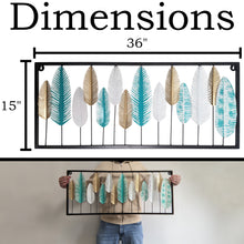 Load image into Gallery viewer, 3-Foot Turquoise, Gold, and White Leaves Hanging Stainless Steel 3D Wall Decoration with Rectangular Black Border (36" Length x 15" Height)