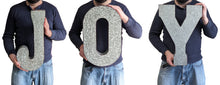 Load image into Gallery viewer, 20" Tall Metal "JOY" Letters - Approximately 2.7 Foot Long Hanging Décor, Silver with Rusted Edges, Galvanized Wall Mountable Decoration for Country, Mid-Century, or Farmhouse Theme