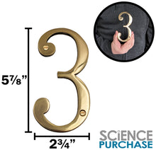 Load image into Gallery viewer, 6-inch House Number 3 (Three) with Mounting Screws, Polished Brass, Shiny Gold Color, Suitable for Mailbox, Home, etc