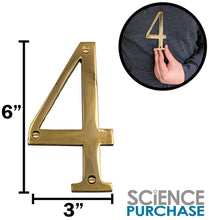 Load image into Gallery viewer, 6-inch House Number 4 (Four) with Mounting Screws, Polished Brass, Shiny Gold Color, Suitable for Mailbox, Home, etc