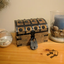 Load image into Gallery viewer, Pirate's Treasure Chest Wooden Nautical Jewelry Box with Functional Lock and 2 Keys, Wood with Iron Accents, Hinged Lid, 8 Inches Long