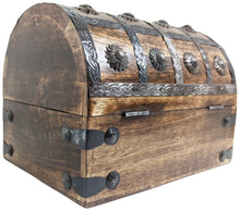 Load image into Gallery viewer, Pirate's Treasure Chest Wooden Nautical Jewelry Box with Functional Lock and 2 Keys, Wood with Iron Accents, Hinged Lid, 8 Inches Long