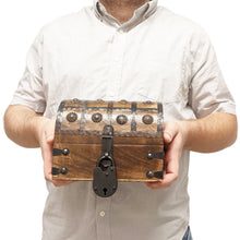 Load image into Gallery viewer, Pirate's Treasure Chest Wooden Nautical Jewelry Box with Functional Lock and 2 Keys, Wood with Iron Accents, Hinged Lid, 8 Inches Long