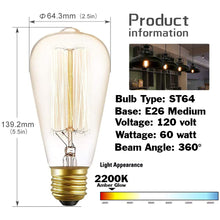 Load image into Gallery viewer, 4 Pack of ST64 Vintage Edison Light Bulbs with Squirrel Cage Filament - 60W Dimmable Incandescent Bulbs, 2200K Amber Glow, E26 Medium Base