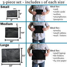 Load image into Gallery viewer, Set of 3 Fireproof Zipper Bags, Includes Large 15"x11", Medium 10"x7.8", and Small 8"x5" - Black Color