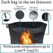 Load image into Gallery viewer, Set of 3 Fireproof Zipper Bags, Includes Large 15"x11", Medium 10"x7.8", and Small 8"x5" - Black Color