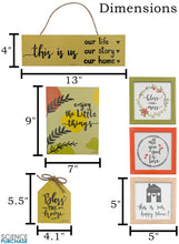 Load image into Gallery viewer, 6 Piece "Enjoy the Little Things" Themed Wooden Wall Decoration Set - Includes 2 Planks (with Hanging Rope and Adhesive mounting options), 3 Glass Hangable Framed Pictures, and 1 Hut-Shaped Piece with Bow