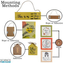 Load image into Gallery viewer, 6 Piece "Enjoy the Little Things" Themed Wooden Wall Decoration Set - Includes 2 Planks (with Hanging Rope and Adhesive mounting options), 3 Glass Hangable Framed Pictures, and 1 Hut-Shaped Piece with Bow