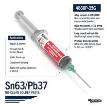 Load image into Gallery viewer, MG Chemicals 4860P 63/37 No Clean, Leaded Solder Paste, 35 g (1.2 oz) Pneumatic Dispenser - Complete with Plunger & Dispensing Tip (4860P-35G)