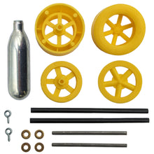 Load image into Gallery viewer, Yellow Co2 Dragster Wheels, Axles, Screw Eyes, and Cartridge Set