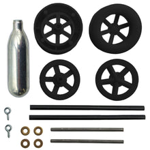 Load image into Gallery viewer, Balsa Dragster Design and Build Kit - Includes 12-inch Balsa Blank, Co2 Cartridge, Wheels, Axles, Sandpaper, Graph Paper, and Instructions