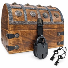 Load image into Gallery viewer, Pirate's Treasure Chest (6.5" x 4.5" x 4.5") Wooden Nautical Jewelry Box with Functional Lock and 2 Keys, Wood with Iron Accents, Hinged Lid