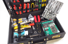 Load image into Gallery viewer, Electronics Repair Toolkit with Briefcase - Includes Digital Multimeter, Soldering Iron with Stand, Solder Reel, Desolder Pump, Wire / Cable Strippers, IC Extractor / Inserter, Screwdrivers, and More