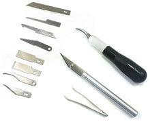 Load image into Gallery viewer, 13 Piece Hobby Art Knife Set with Storage Case, Includes 2 Handles, 10 Blades, and Tweezers - Modeling and Drafting Tools