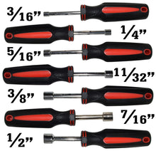 Load image into Gallery viewer, 7 piece SAE set includes: 3/16" (5mm), 1/4", 5/16", 11/32" (9mm), 3/8", 7/16", and 1/2" (13mm) | Hardened steel sockets, chrome plated | Ergonomic rubberized handles that are designed to offer comfort and improve grip | Size is engraved on each driver's shaft for easy identification |