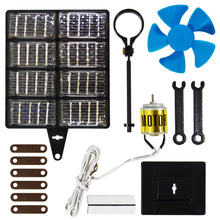 Load image into Gallery viewer, Includes: 8 solar cells, electric motor, propeller, buzzer, light bulb, wire and hardware | Training Manual included | This course will teach you how to make a solar circuit and an electrical circuit, increase voltage and current, make a solar panel, and use solar power to produce energy | NOTE: Please turn the motor by hand a few rotations before first use as the motor may be stiff from the manufacturing process. |