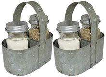 Load image into Gallery viewer, Pack of 2 sets — you get 2 Salt shakers, 2 Pepper shakers, and 2 Caddies with handles | Perfect for indoor or outdoor dining, these vintage style spice shaker sets are made with sturdy galvanized steel that is resistant to rust caused by water or air moisture | Their design offers a vintage flair that looks great with rustic, old country, mid-century, and farmhouse themed kitchens and restaurants | The shakers each hold 1/4 cup of salt, pepper, or spice and feature an easy-to-fill wide mouth wit