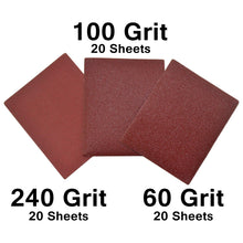 Load image into Gallery viewer, 60 Sandpaper 1/4 Sheets for Palm Sanders - Includes 20 of 60 Grit, 20 of 100 Grit, and 20 of 240 Grit