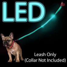 Load image into Gallery viewer, Vehicles will see you at night well in advance with this rechargeable illuminated leash | Measures approximately 4 feet in length, 1 inch wide. Hand loop is suitable for all size hands. | Easy to operate - simply squeeze the button on the leash to cycle the 4 different modes: Fast Flashing, Slow Flashing, On, and Off | Built-in battery can be recharged via the included USB cable | Leash is constructed of durable, long lasting material