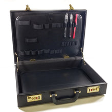 Load image into Gallery viewer, Lockable briefcase, Sturdy carry handle. | Gold plated locks, Interior organizer section | Black Leather | Electronix Express |