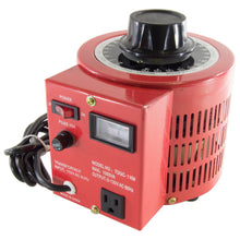 Load image into Gallery viewer, Input voltage: 110V; 5' cord with 3 prong plug | Output voltage: 0 to 130 vac | Output current: 10 amp | Analog Voltmeter, 3 prong output socket