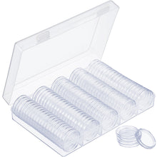 Load image into Gallery viewer, 100 transparent coin capsules with a clear case to protect and display your collection of coins up to 30mm in size | Includes foam gaskets that secure 17mm, 20mm, 25mm, 27mm, and 30mm coins, preventing them from sliding and scratching | Each capsule snaps together firmly to protect coins from dust, oxidation, and oils from handling | Capsules can be opened using the crescent opening found along the outside rim | Great gift for coin collectors, traders, and enthusiasts!
