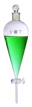 Load image into Gallery viewer, Made of Bomex glass | A separatory funnel is most of ten used in laboratories to distinguish the densities between of 2 different liquids | These are conical shaped funnel | Come with a ground glass stopper and stopcock | 1000 milliliter Capacity