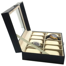 Load image into Gallery viewer, Medium Watch Box with 10 Compartments, Black Faux Leather Display Case with Glass Top - Jewelry Organizer