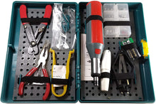Load image into Gallery viewer, Designed with the essentials needed to repair, maintain, and upgrade computers | Ratcheting (forward / lock / reverse) 23-in-1 screwdriver. Slide-out storage compartments in the handle hold all bits and sockets, keeping them handy for switching and storage. | 5" long nose pliers, IC insertion-extraction clipper (for 14-48 pin ICs), PLCC IC extractor, 5" wire stripper / cutter | Mini flashlight with 2 batteries, part case, 36 screws (6 types), 6 jumpers, 8 washers | All tools are neatly stored in