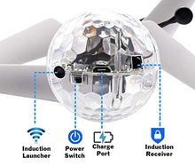Load image into Gallery viewer, Magic Flying Hover Disco Ball with Colorful Lights, Fun Helicopter Gadget Toy Hovers Above Your Hand by Infrared Induction, Suitable for Indoor and Outdoor Use, USB Rechargeable