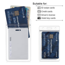 Load image into Gallery viewer, 50 Pack Resealable Waterproof ID Badge Holders - Clear, Vertical, Zip-to-Close - Fits Drivers licenses, Credit Card, Hotel Keys, and More