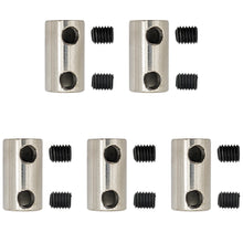 Load image into Gallery viewer, 5 Pack 4.3mm to 5.6mm Metal Coupling Connector with Set Screws for Robotics / RC Motor Axle, 19.1mm Length, Silver Color