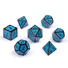 Load image into Gallery viewer, Set of 7 Metal Dice Set with Storage Box - Turquoise with Gunmetal Numbers - Includes D4, D6, D8, D10, D12, D20 and D%