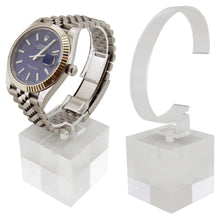 Load image into Gallery viewer, 2 Pack of Clear, Weighted Watch Display Holders | These sturdy holders can hold most size watches (Ring size is 3 inches tall, 2 inches wide) | Please hold the ring and base together when loading a watch on the holder | Base Material: Acrylic | Base measures 1.6" x 1.6" x 1.6", Overall Height: 4.9"