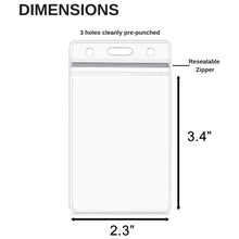Load image into Gallery viewer, 50 Pack Resealable Waterproof ID Badge Holders - Clear, Vertical, Zip-to-Close - Fits Drivers licenses, Credit Card, Hotel Keys, and More